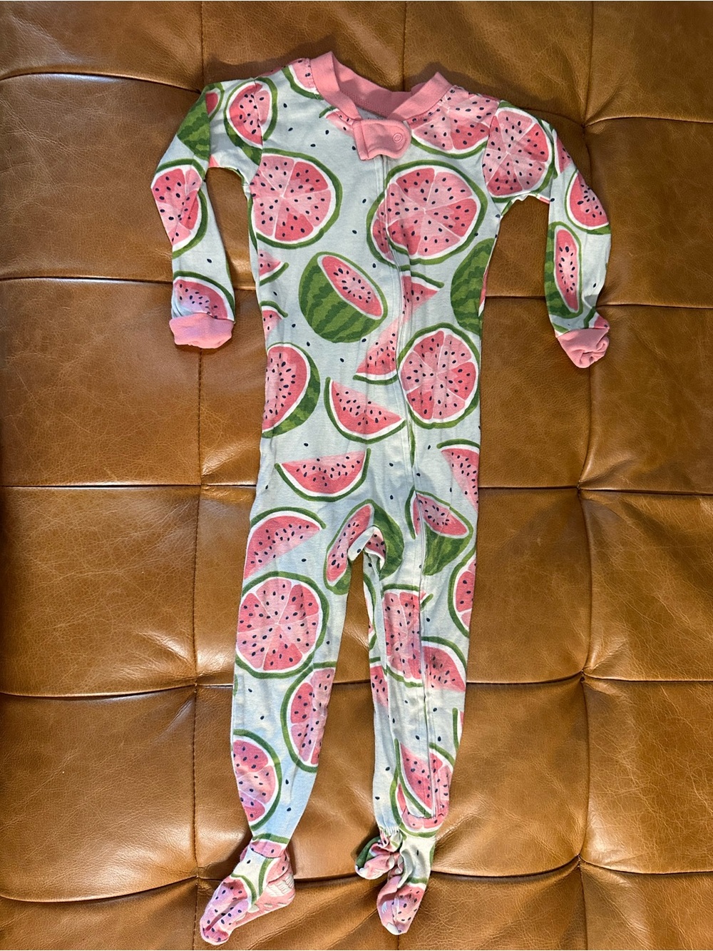The Honest Company Pink and Green Watermelon Print Footed One-Piece